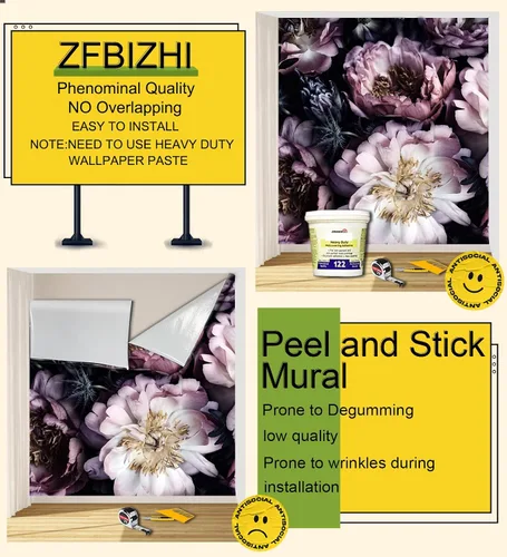 Miniatura 3 de Papel tapiz floral de paeonia morada, fondo negro, mural de pared para dormitorio, sala de estar, habitación de niña y mujer (no se pega ni se pega)