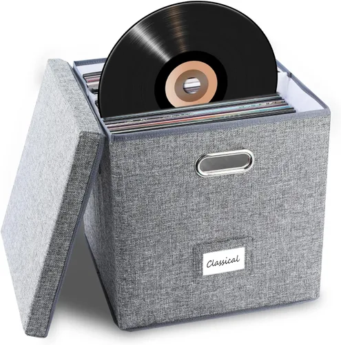 Miniatura 8 de ZEDKEHO Juego de 2 cajas de almacenamiento de discos de vinilo - Almacenamiento de álbumes con capacidad para más de 100 discos individuales, caja