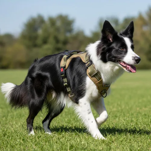 Miniatura 3 de Arnés táctico para perro de tamaño M sin tirones, con asa y ribete reflectante, arnés ajustable para el pecho con clips de correa delantera y Caqui