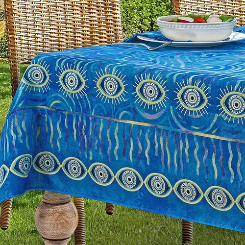 Miniatura 5 de Home Bargains Plus Mantel rectangular de tela de medallón mediterráneo azul de 52 x 70 pulgadas, patrón de islas griegas costeras, resistente a
