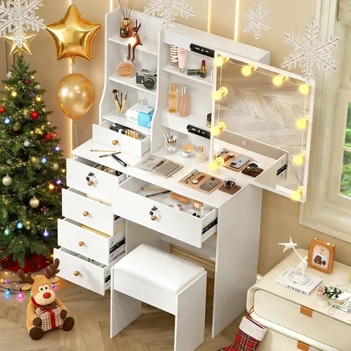 Miniatura 20 de Escritorio blanco cálido con espejo iluminado LED, mesa de tocador de maquillaje con armario izquierdo iluminado, 6 cajones y taburete, tocador