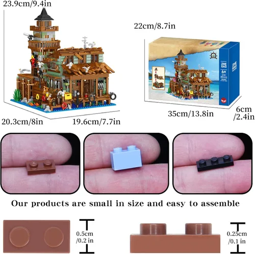 Miniatura 6 de 1881 piezas de bloques de construcción de cabaña de madera de pueblo pesquero con iluminación LED, ideales creativos, juegos de construcción