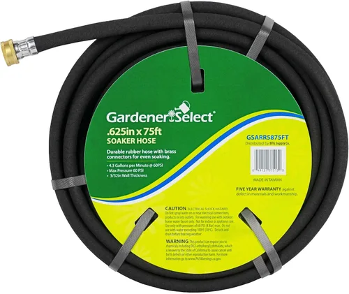 Gardener Select Manguera de jardín de goma al aire libre estándar durable W/conectores de latón, negro, 5/8" por 75'