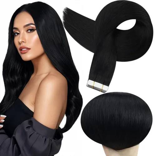 Full Shine - Extensiones de cabello humano real Remy, sin costuras, color negro azabache 1, extensiones adhesivas, cabello brasileño liso, sedoso