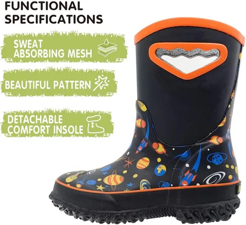Miniatura 3 de MCIKCC Botas de lluvia para niños, impermeables, de neopreno, de goma de barro, antideslizantes, con asas fáciles de poner, para niños y jóvenes
