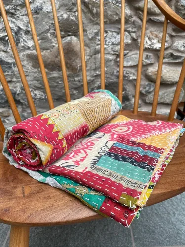 Miniatura 4 de Edredón Kantha de algodón vintage indio de 55 x 85 pulgadas, parches surtidos de algodón Kantha bordado a mano, juego de 1