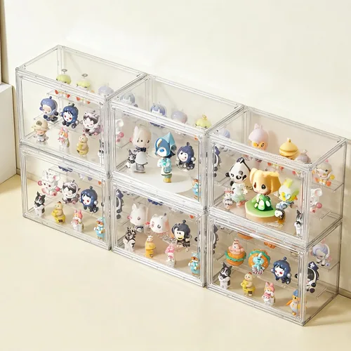 Miniatura 7 de Vitrina de exhibición acrílica, vitrina transparente de 3 capas, soporte de caja de exhibición ajustable con 2 divisores móviles, pequeña vitrina
