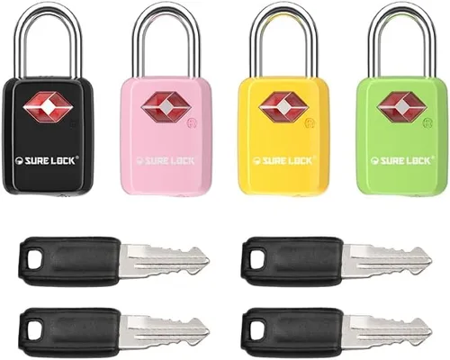 Sure Lock Cerraduras de equipaje aprobadas por la TSA con llaves para viajes, cuerpo de aleación de zinc con grillete de acero, llave similar, llave