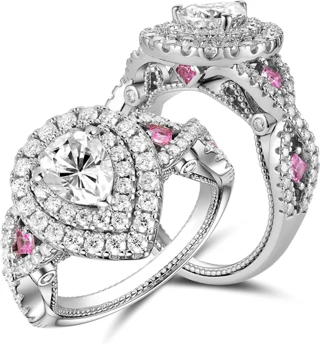 DovEggs 3.1ctw Total Center 6x8mm G-H-I Color Pear Cut Moissanite Vintage Engagement Ring Double Halo Split Shank Moissanite&Pink Sapphire 14K Gold