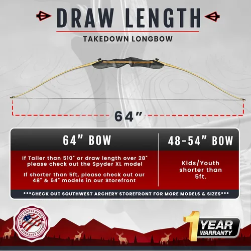 Miniatura 4 de Southwest Archery Arco largo Ghost Takedown – Arco de caza de arco largo de 64 pulgadas – Mano derecha e izquierda – Pesos de tracción en 20 – 50