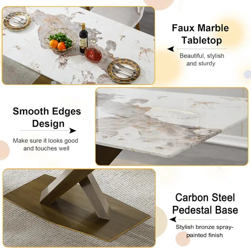 Miniatura 5 de Juego de mesa de comedor de mármol blanco para 4, 70 pulgadas, mesa de comedor de mármol blanco con 4 sillas de terciopelo verde y base de acero al