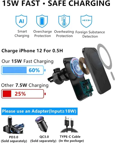 Miniatura 5 de Cargador de coche inalámbrico magnético de 15 W para iPhone 16/15/14/13/12 Pro Max/Mag-Safe, soporte de carga rápida Qi, soporte de teléfono