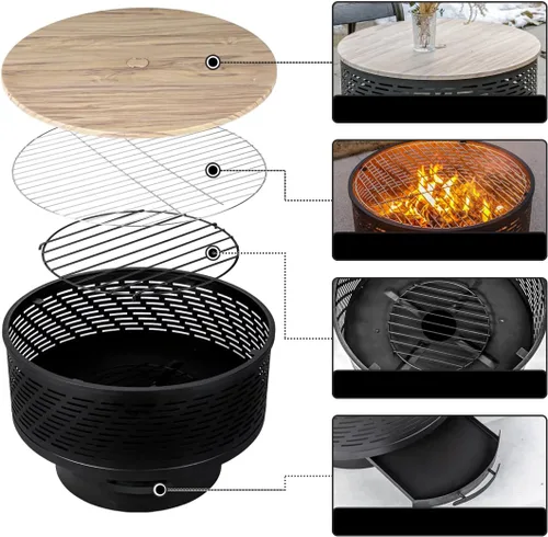 Miniatura 5 de OutVue Fogatas de leña de 26 pulgadas con parrilla y tapa, mesa de fogata para exteriores con cubierta impermeable y atizador de fuego, fogata al