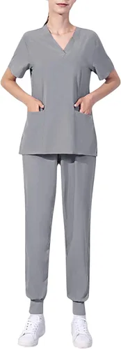 Conjunto de ropa quirúrgica para mujer, conjunto de camiseta quirúrgica y pantalón deportivo, con cuello en V, manga corta, ropa de trabajo,