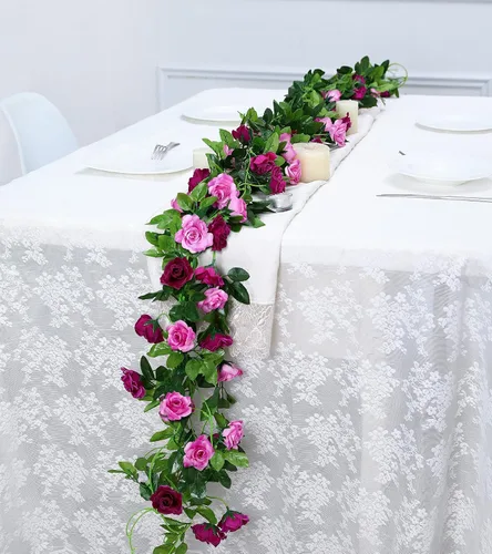 Miniatura 4 de Floweroyal Paquete de 2 guirnaldas de flores artificiales de 15.8 pies, flores de seda falsas de hiedra rosa para colgar en el arco de boda, fiesta