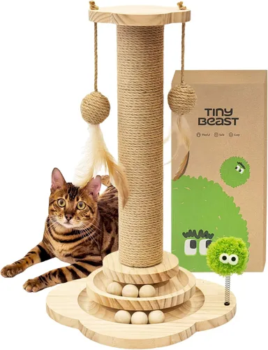 TINYBEAST Poste rascador de madera para gatos, juguete rascador de gato 4 en 1 con pistas de bolas para gatos, poste rascador de sisal de 18