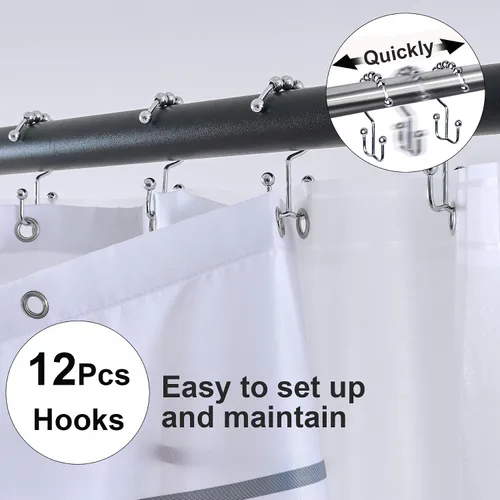 Miniatura 2 de ORTIGIA Cortina de ducha a rayas negras, cortina de baño de tela de poliéster impermeable de 72 x 72 pulgadas, con forro de PEVA y 12 ganchos
