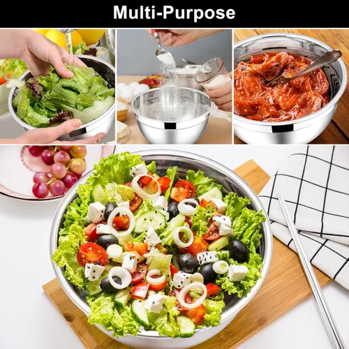 Miniatura 4 de E-far Tazones para mezclar con tapas, juego de 6 piezas de tazones para ensalada de acero inoxidable, tazones de metal anidables para hornear, Negro