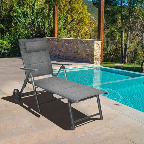 Miniatura 4 de RELAX4LIFE Tumbona para patio con ruedas – Silla reclinable plegable acolchada con almohada extraíble, respaldo ajustable, sillas de playa