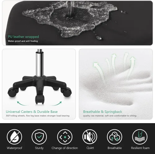 Miniatura 6 de FURWOO Taburete con ruedas hexagonales con ruedas para spa y salón de masaje, color negro