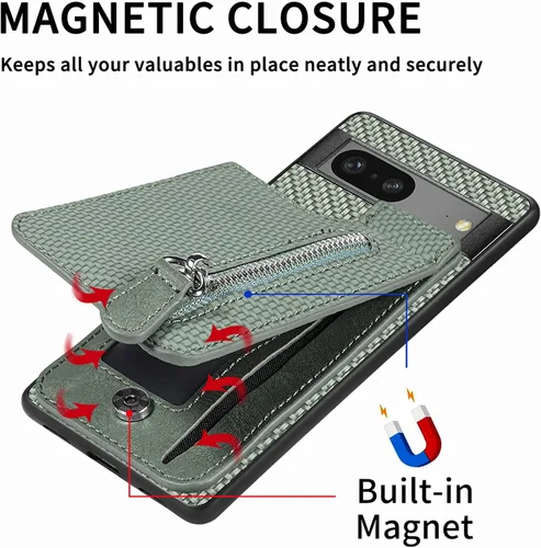Miniatura 6 de LEMAXELERS Funda tipo cartera con cremallera y tarjetero para Google Pixel 7 Pro, piel sintética plegable con función atril magnético, cierre