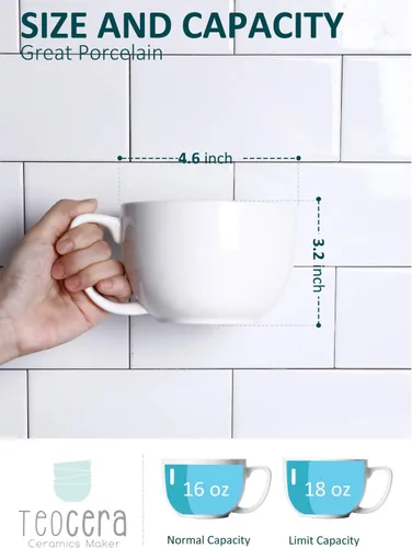Miniatura 4 de Teocera Juego de 4 tazas de café grandes de 16 onzas, tazas de porcelana blanca gruesa para capuchino, café con leche, té y chocolate caliente