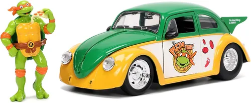 Jada Teenage Mutant Ninja Turtles 1:24 1959 Volkswagen Drag Beetle - Coche fundido a presión y figura de Miguel Ángel de 2.75 pulgadas, juguetes