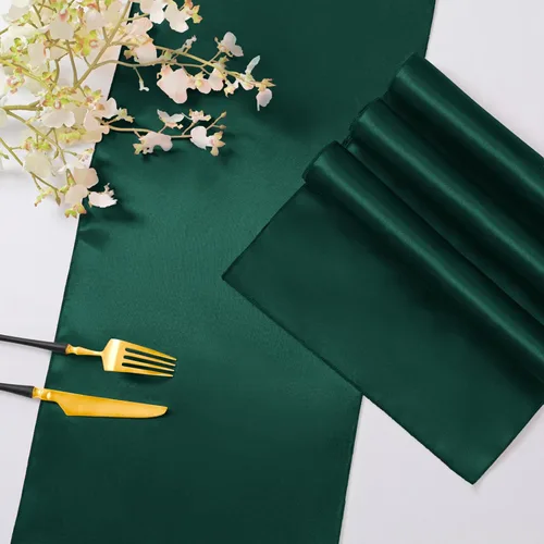 Miniatura 5 de Horbaunal - Juego de 2 caminos de mesa de satén verde bosque de 12 x 108 pulgadas, caminos de mesa suaves para bodas, banquetes y fiestas