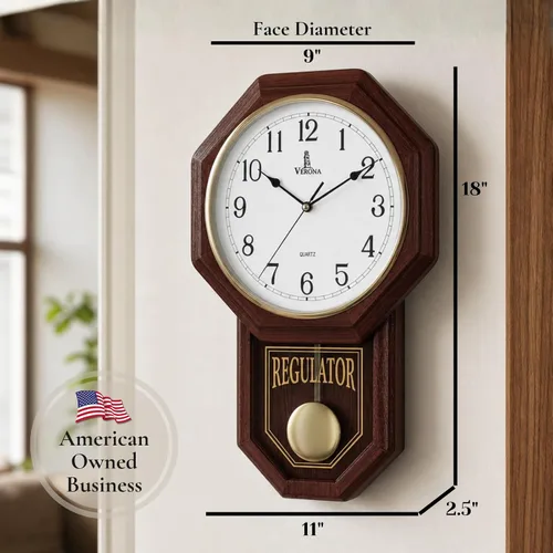 Miniatura 3 de Reloj de Pared con Péndulo - Reloj Regulador de Madera Real - Diseño de Escuela - Silencioso, Sin Campanadas, de Madera y Operado