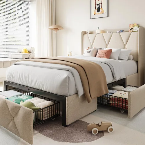 Miniatura 12 de Einhomn Marco de cama de tamaño completo con 4 cajones de almacenamiento y estación de carga, marco de cama plataforma tapizada con cabecera de Beige