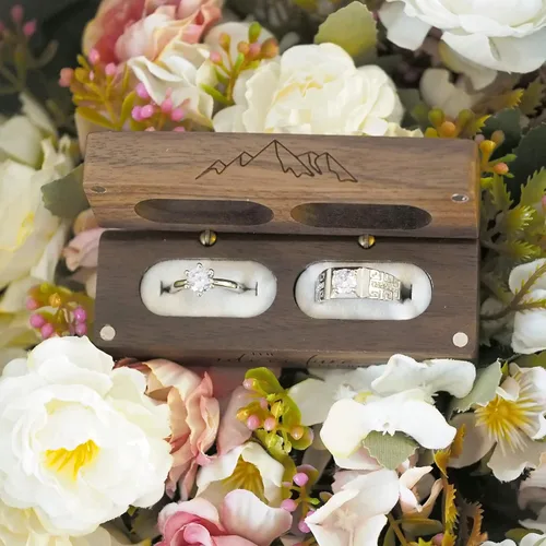 Miniatura 2 de Caja de madera grabada con 2 anillos para boda, caja de almacenamiento rectangular de madera maciza rústica vintage