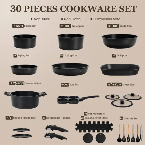 Miniatura 2 de Kikcoin Juego de ollas y sartenes antiadherentes, juego de utensilios de cocina con asas desmontables