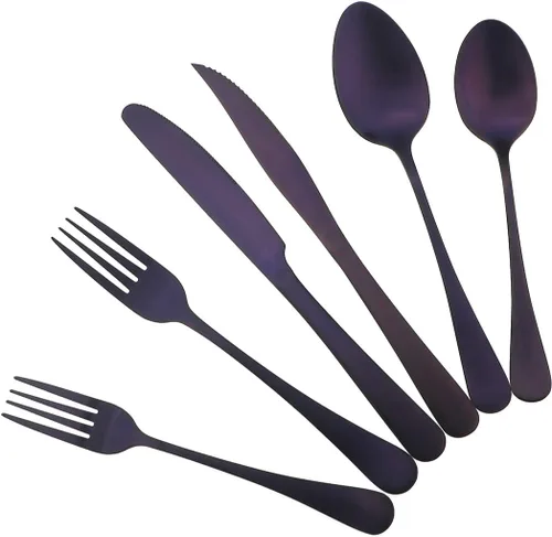 Miniatura 8 de Juego de cubiertos de acero inoxidable chapado en titanio de 24 piezas, cubiertos de viaje que incluyen cuchillo, tenedor, cuchara, servicio para 4
