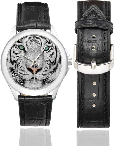 Miniatura 2 de InterestPrint Cool Animal White Tiger Face Relojes de pulsera clásicos impermeables para mujer con correa de cuero negro, Diseño #6