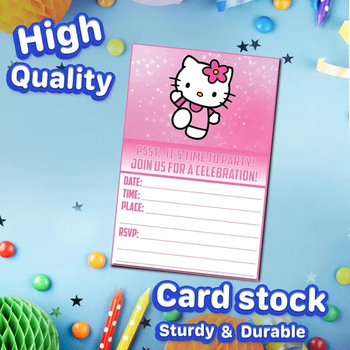 Miniatura 3 de Juego de 20 lindas tarjetas de invitación de cumpleaños con diseño de gatitos rosas y sobres – Ligeras (240g), invitaciones estilo postal