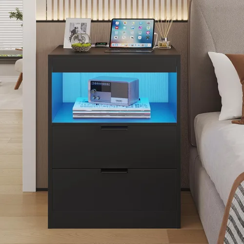Miniatura 7 de ADORNEVE Mesita de noche LED negra con estación de carga inalámbrica, 2 cajones, moderna mesa auxiliar de dormitorio con luces LED, mesa de noche