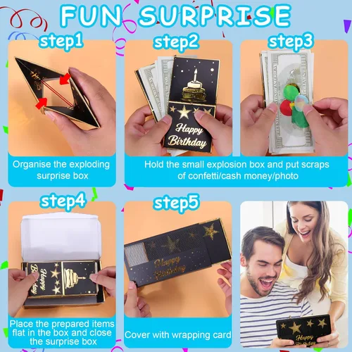 Miniatura 3 de BABORUI Caja de dinero de cumpleaños para efectivo, caja de explosión sorpresa de feliz cumpleaños con confeti, caja de regalo explosiva