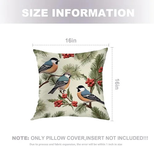Miniatura 5 de Fundas de almohada con diseño de pinos y pájaros, bayas rojas, hojas de acebo, fondo beige, funda de cojín de mezcla digital, funda de almohada