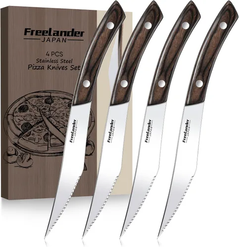 Miniatura 8 de Freelander Juego de 4 cuchillos para pizza con cuchillas afiladas de acero inoxidable, diseño forjado de espiga completa, mango ergonómico