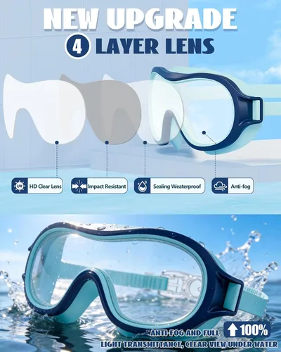 Miniatura 8 de Aegend Paquete de 2 gafas de natación para niños de 3 a 15 años, antivaho, anti-UV, visión amplia, impermeables, sin fugas, para niños y niñas Azul