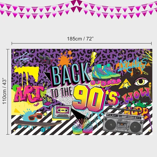 Miniatura 2 de Telón de fondo con temática de los años 90, graffiti de hip hop, fondo de pancarta de fiesta de los 90, 71 x 43.3 pulgadas, decoración de mesa