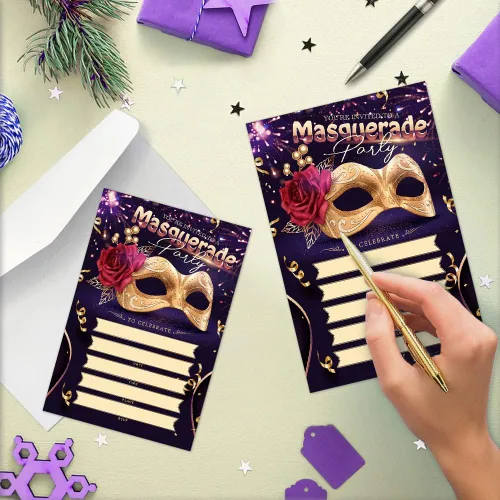Miniatura 5 de Invitaciones para fiesta de máscaras, invitaciones de fiesta de Mardi Gras, 15 tarjetas y sobres, diseño floral moderno, unisex, adultos, ocasión