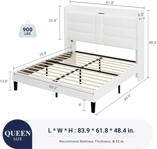 Miniatura 2 de Allewie Base de cama de plataforma tamaño Queen con estación de carga y cabecera de almacenamiento, diseño tapizado de terciopelo con respaldo