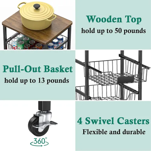 Miniatura 5 de XYZLVSI Carrito de almacenamiento de cocina con ruedas, carrito de metal de 4 niveles, cesta de almacenamiento de frutas y verduras, estante