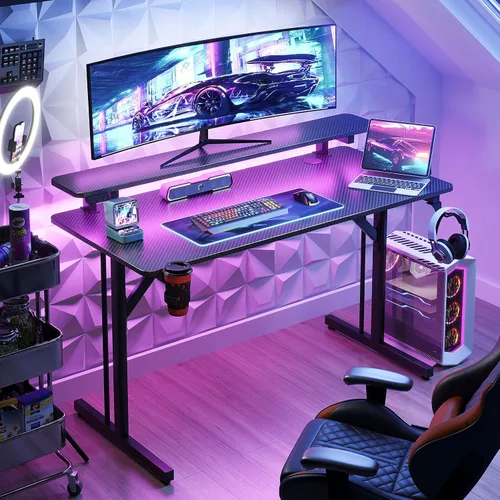 Miniatura 2 de MOTPK Escritorio pequeño para juegos de 39 pulgadas con luces LED, mesa de juegos para computadora con estante para monitor, escritorio