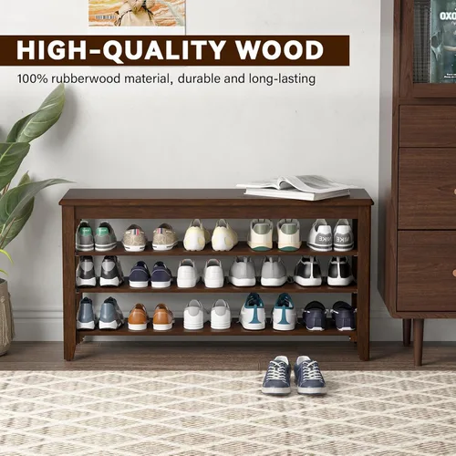 Miniatura 8 de Taitiy Zapatero con parte superior plana de madera de caucho y 3 estantes ajustables, zapatero de madera para entrada, pasillo, vestíbulo, puerta