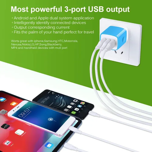 Miniatura 7 de Enchufe de carga, bloque de carga Sicodo - Paquete de 5 cubos USB de 3.1 amperios de 3 puertos para iPhone 17/16/15/14/13/12/SE/11Pro Max, Plus