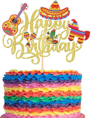 Miniatura 13 de Paquete de 41 decoraciones para tartas de cumpleaños con guitarra, cactus y burro, palillos de pimienta para fiesta mexicana, temática de baby