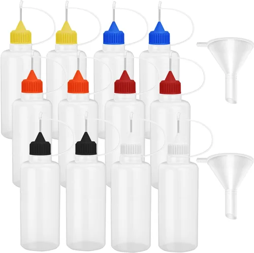 Hulless - 12 unidades de botellas de pegamento con punta de aguja de 2 onzas, 60 mL, cuentagotas de plástico con tapa multicolor y 2 piezas de