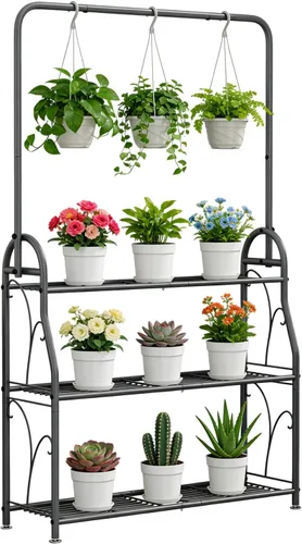 Miniatura 7 de SORCEDAS Soporte para plantas para interiores y exteriores, estante colgante de esquina de 3 niveles de alto, soportes de metal para flores, soporte